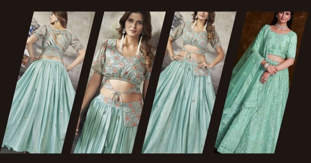 Alluring Sea Green Sequined Silk Ready-To-Wear Crop-Top Lehenga